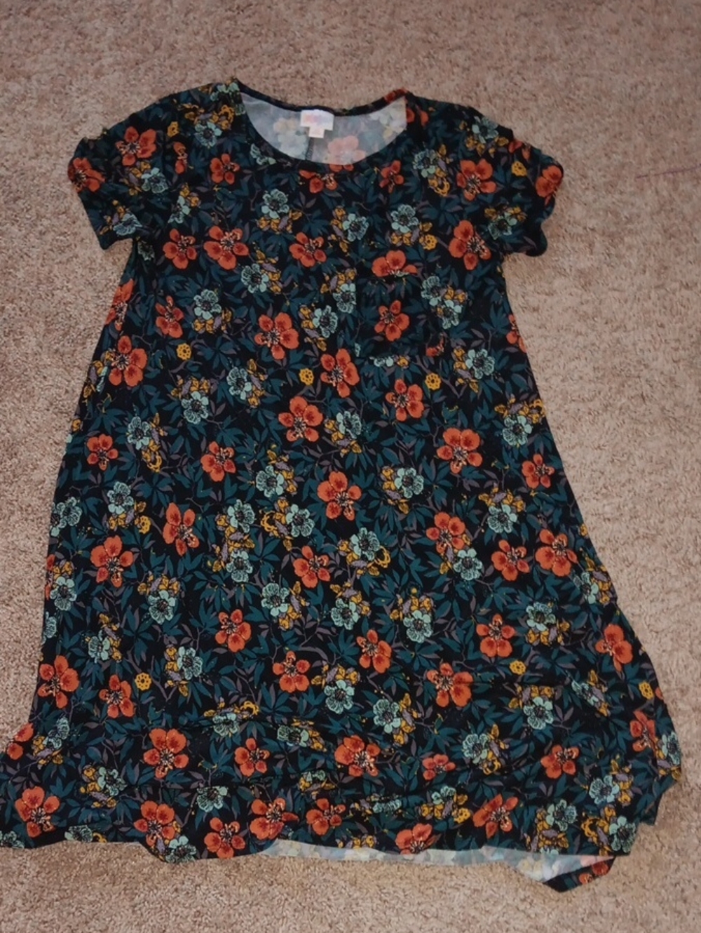 LuLaRoe Navy Floral Short-Sleeve Dress with Orange and Teal Flowers